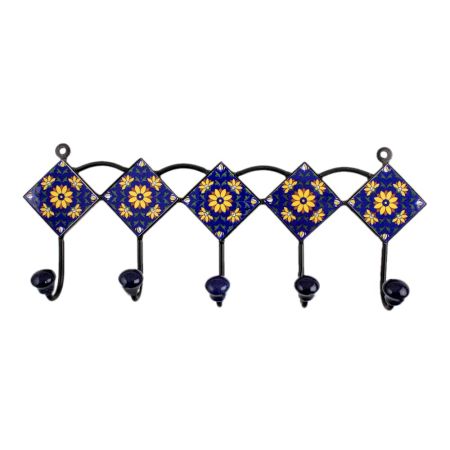 Navy Blue Yellow Floral Tiles Hooks